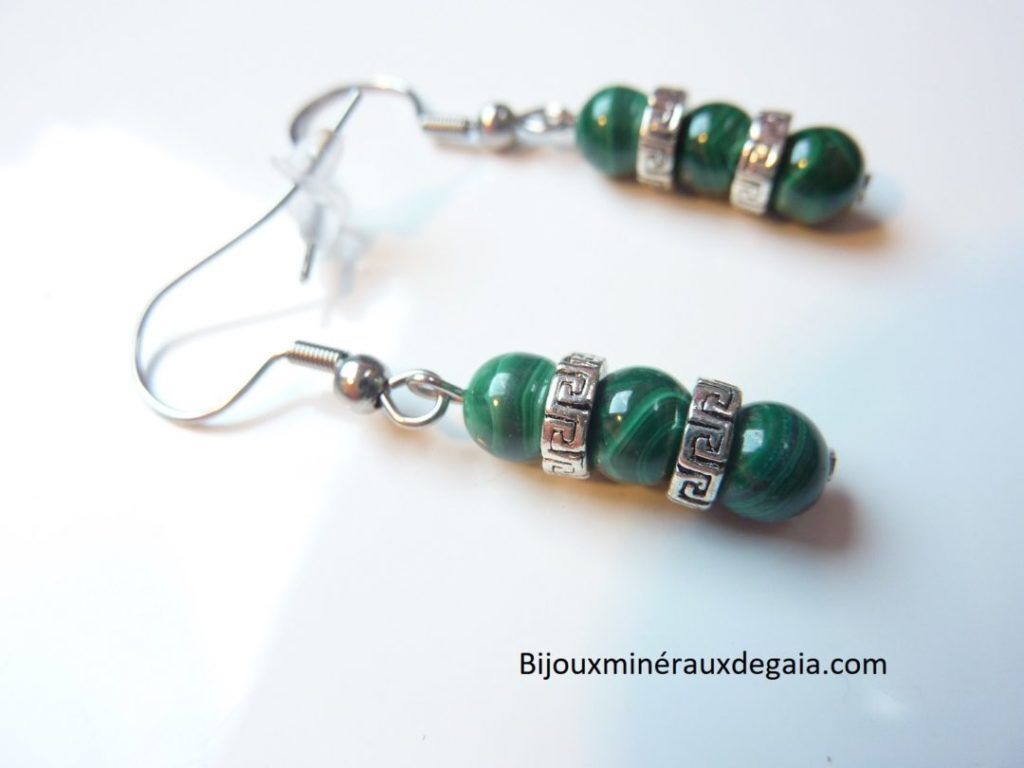 BOUCLES D'OREILLES MALACHITE PERLES RONDES 6 MM