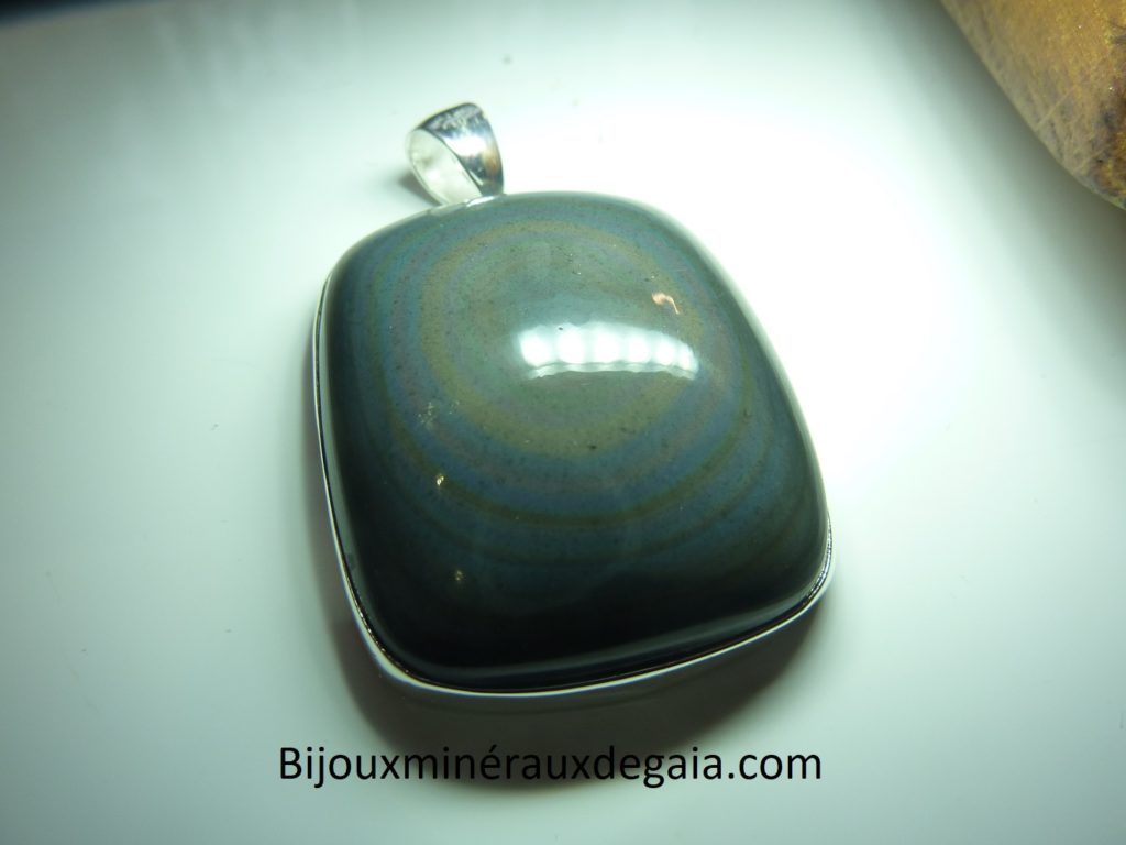 Pendentif Obsidienne oeil céleste monture argent 925 ref 9661