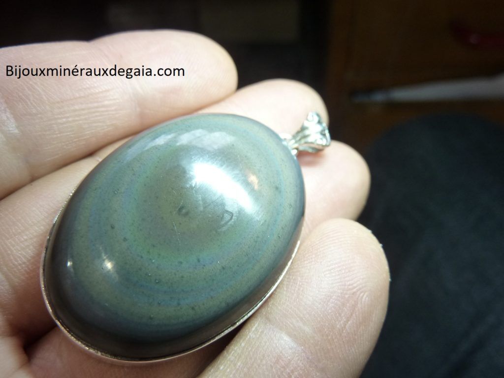 Pendentif obsidienne oeil celeste monture argent 925 ref 5222