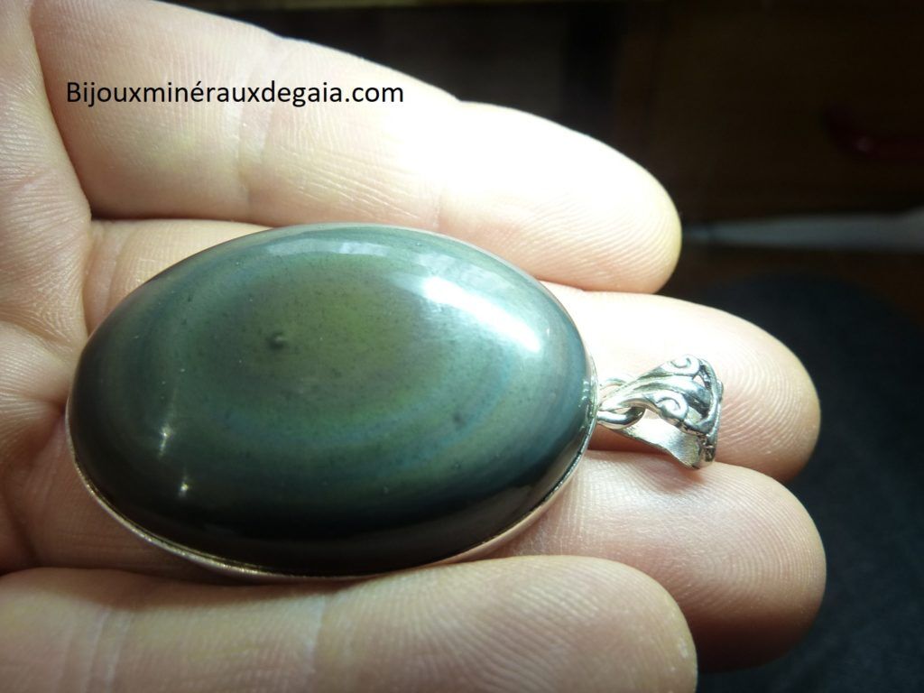 Pendentif obsidienne oeil celeste monture argent 925 ref 5222