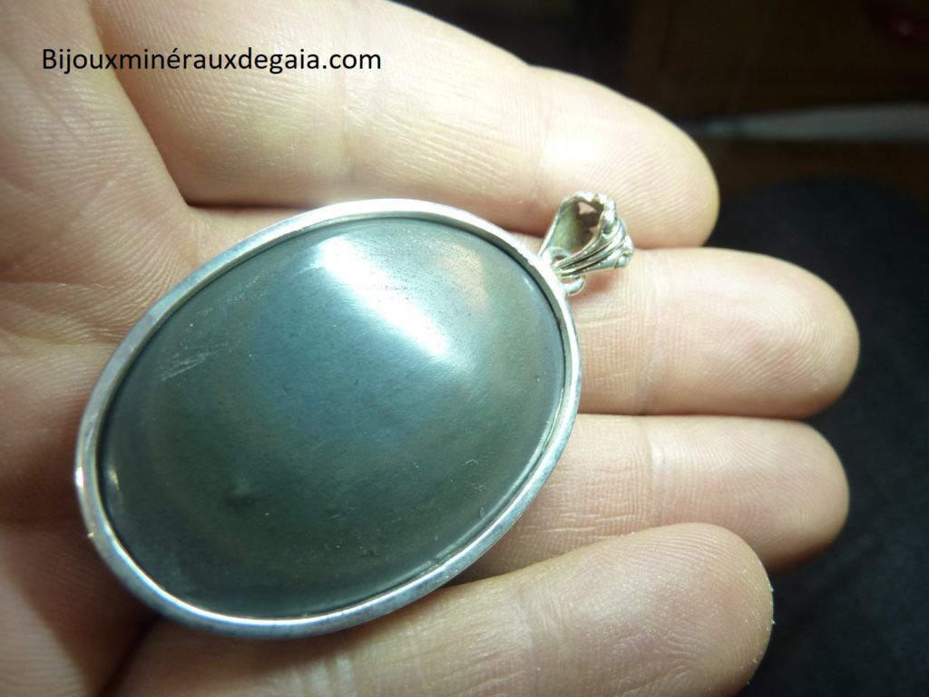 Pendentif obsidienne oeil celeste monture argent 925 ref 5222