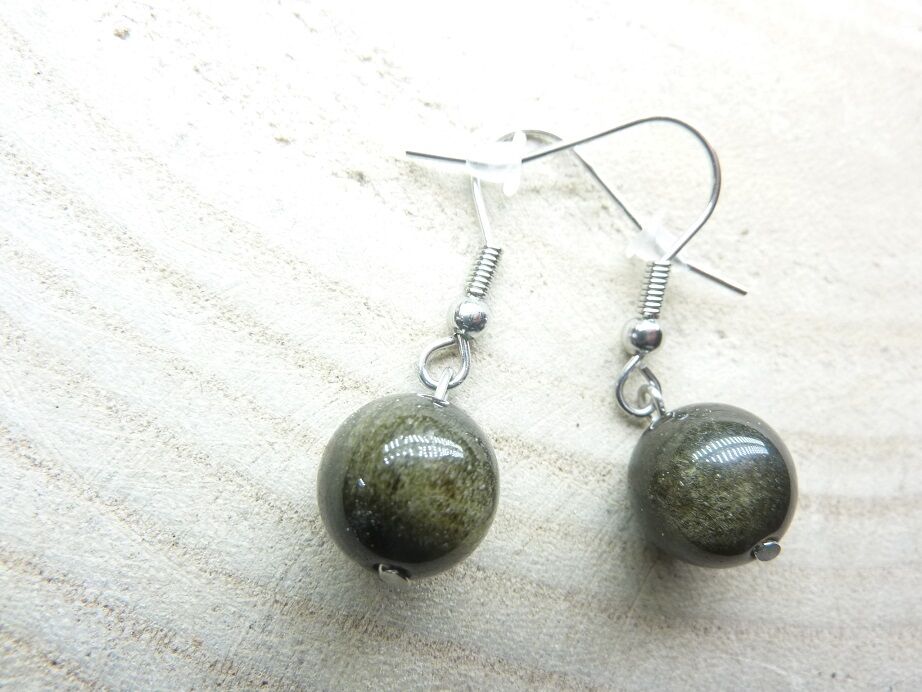 Boucles d'oreilles Obsidienne dorée Perles 10 mm