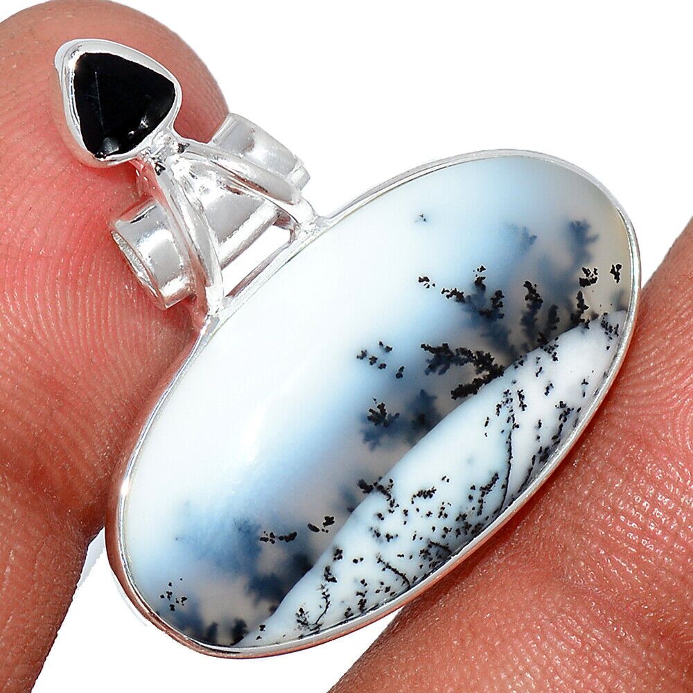 Pendentif Merlinite opale dentritique-Tourmaline noire argent 925 REF 9993